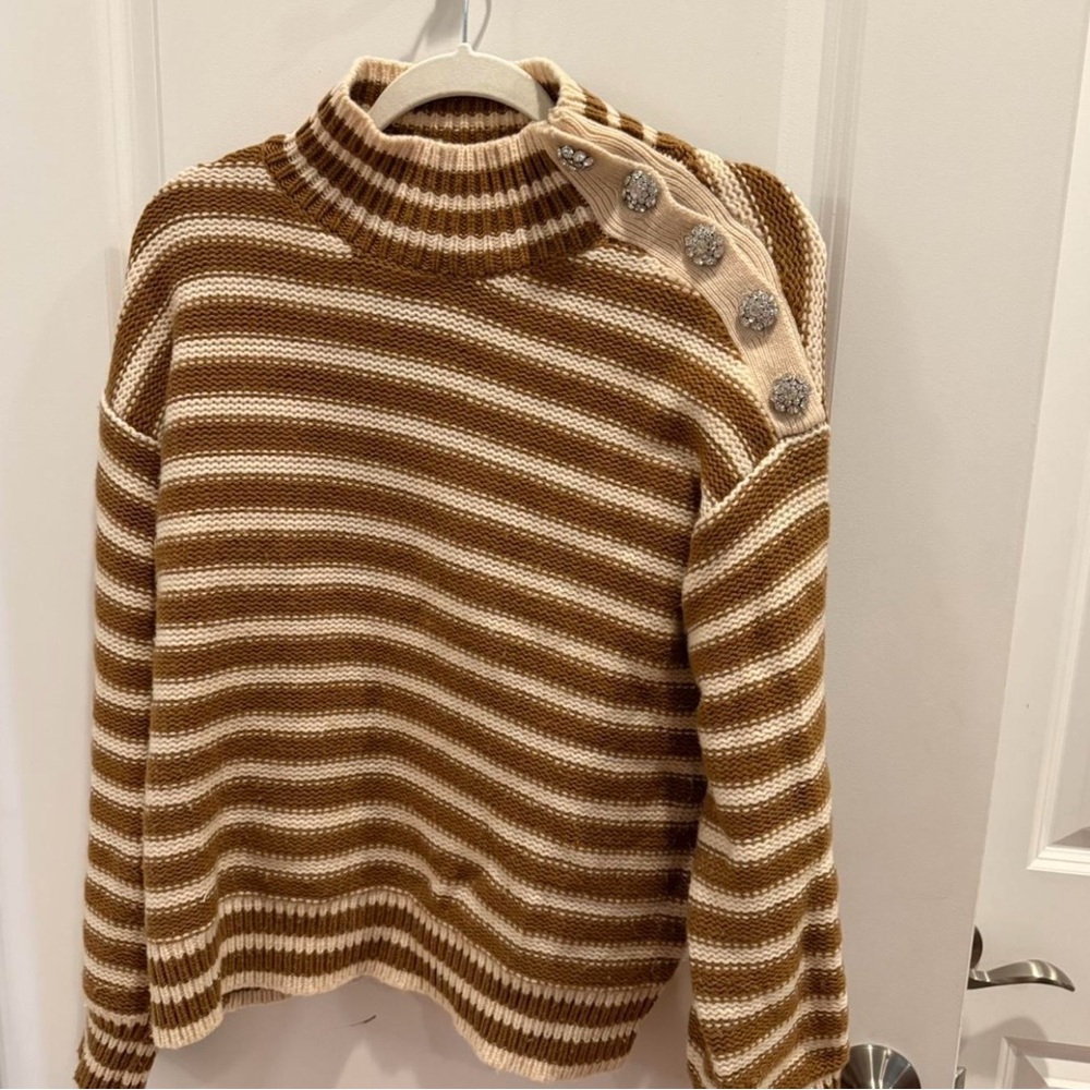 J. Crew Brown and Cream Striped Turtleneck Sweater